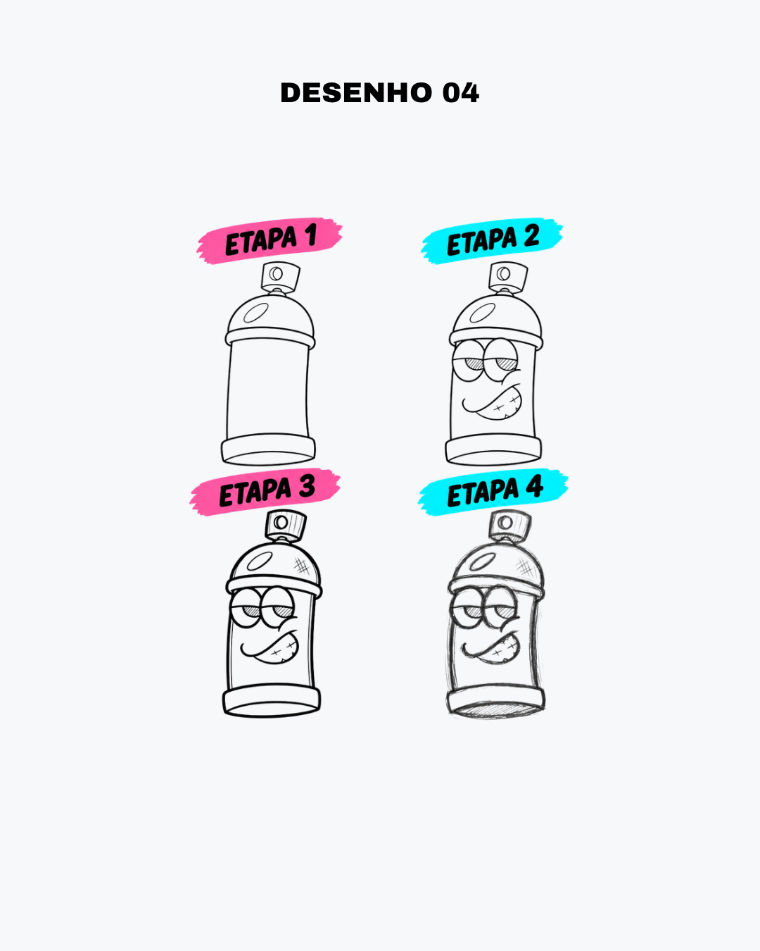 Desenho 04: uma lata de spray desenhada em quatro etapas progressivas